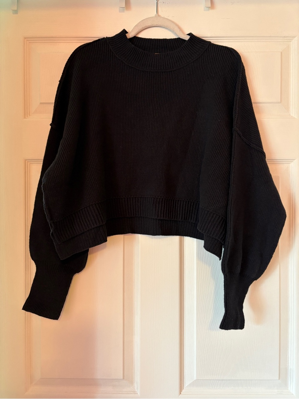 NWT Free People Black Cropped Balloon-Sleeve Sweater